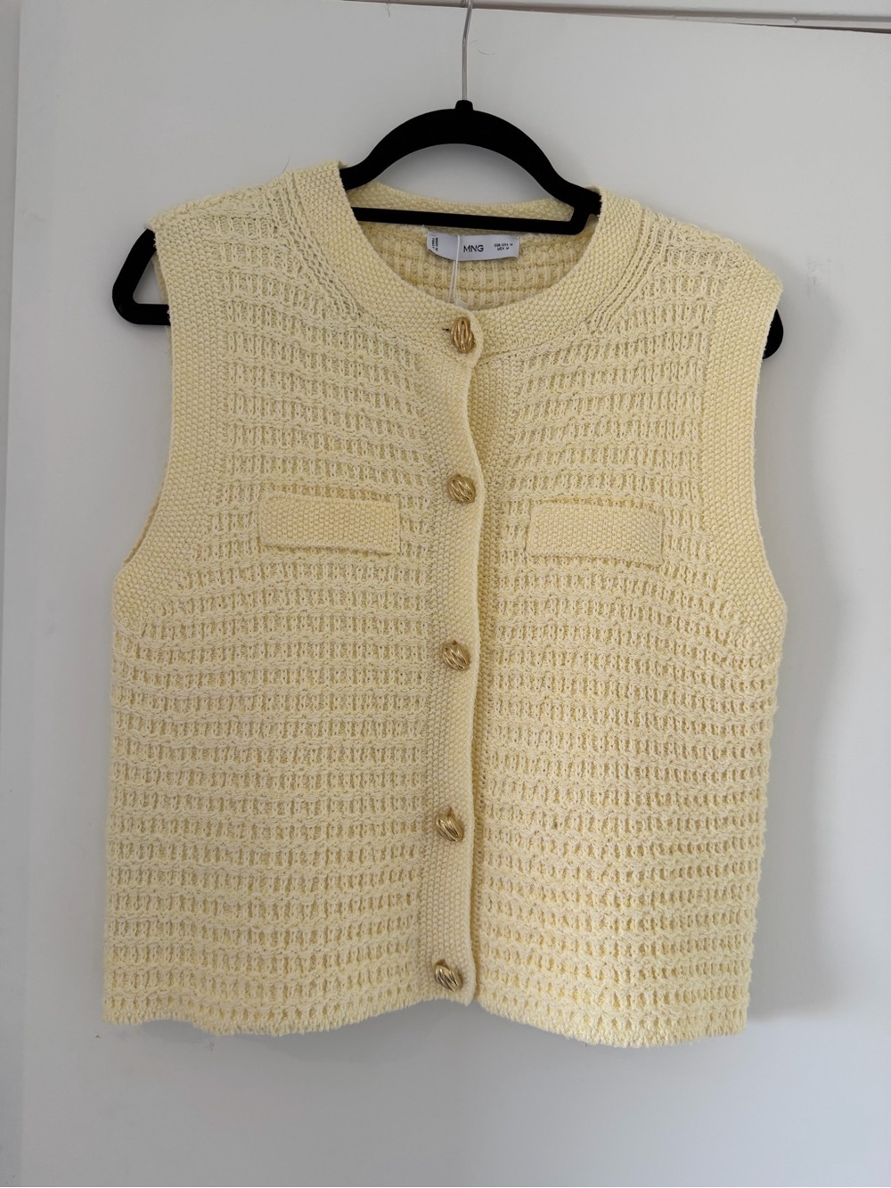 Mango Pale Yellow Knit Sleeveless Cardigan with Gold Buttons